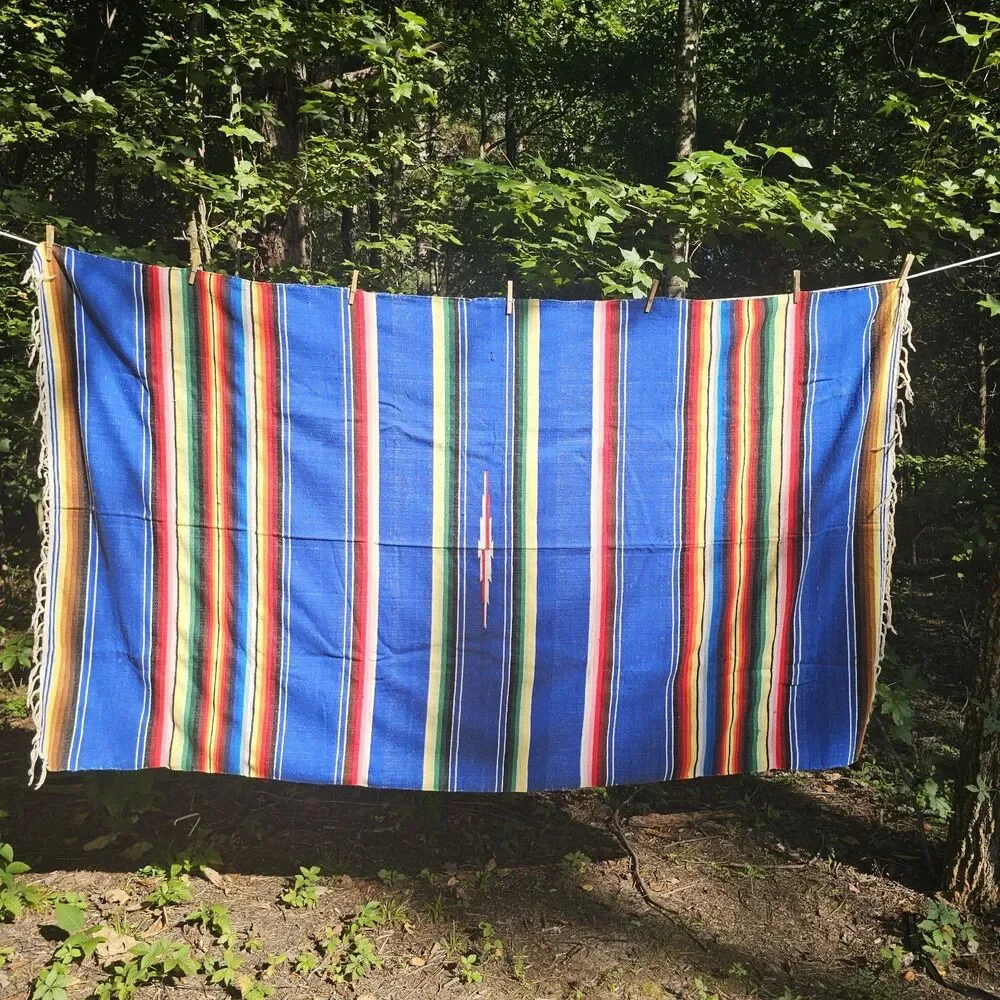 Vintage Handmade Mexican Serape Wool Blanket – Blue Multicolor Stripes, 45x80